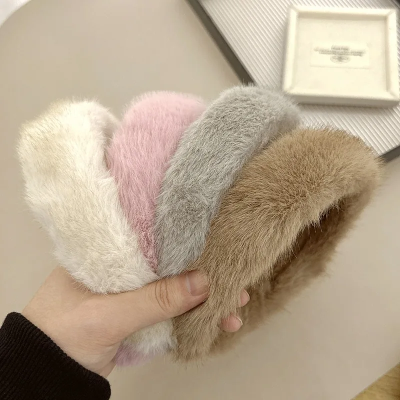 Widen Thicken Plush Sponge Hair Women Girls Plush Solid Color Headband Soft Fluffy Furry Hair Hoops Winter Headdress Scrunchie