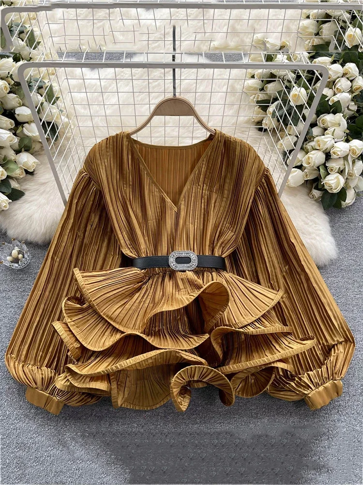 Elegant Solid V-neck Belt Ruffles Patchwork Slim Blouse Women Temperament Basics Shirt 2023 Summer New Tide Fashion SM6134