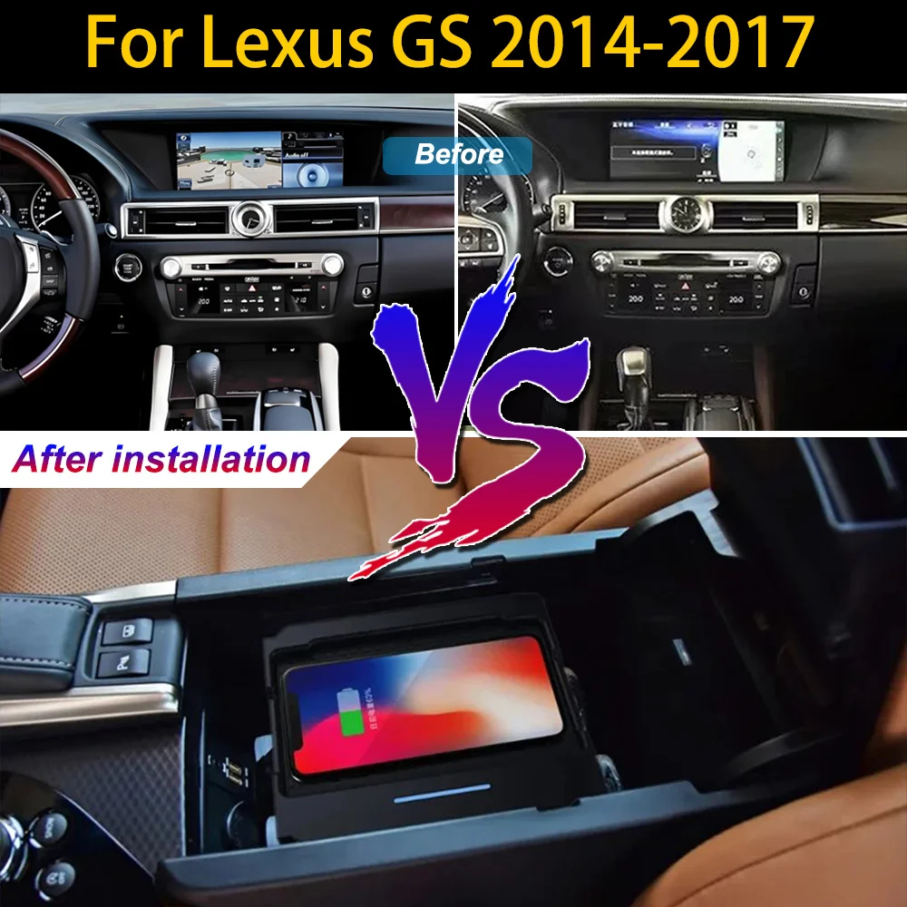Carregador de celular sem fio 2 Din para Lexus GS GS300 2014-2017, com suporte para console central e carregamento rápido de 18W para iPhone.