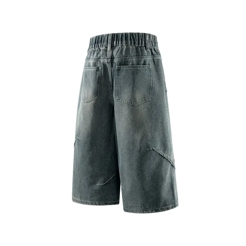 Vintage Wash Wide Leg Denim Cropped Pants Men Korean American Style 2026 Summer Loose Casual Streetwear Shorts
