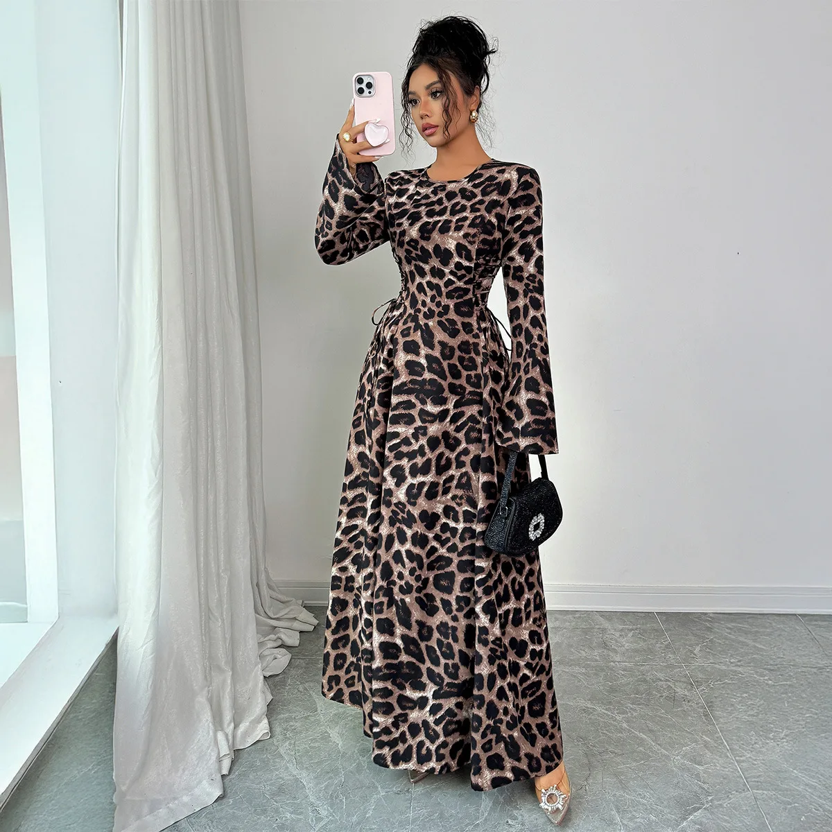 

French Style Leopard Print Long Sleeve Long Dress Women's Fashion 2025 Autumn Winter