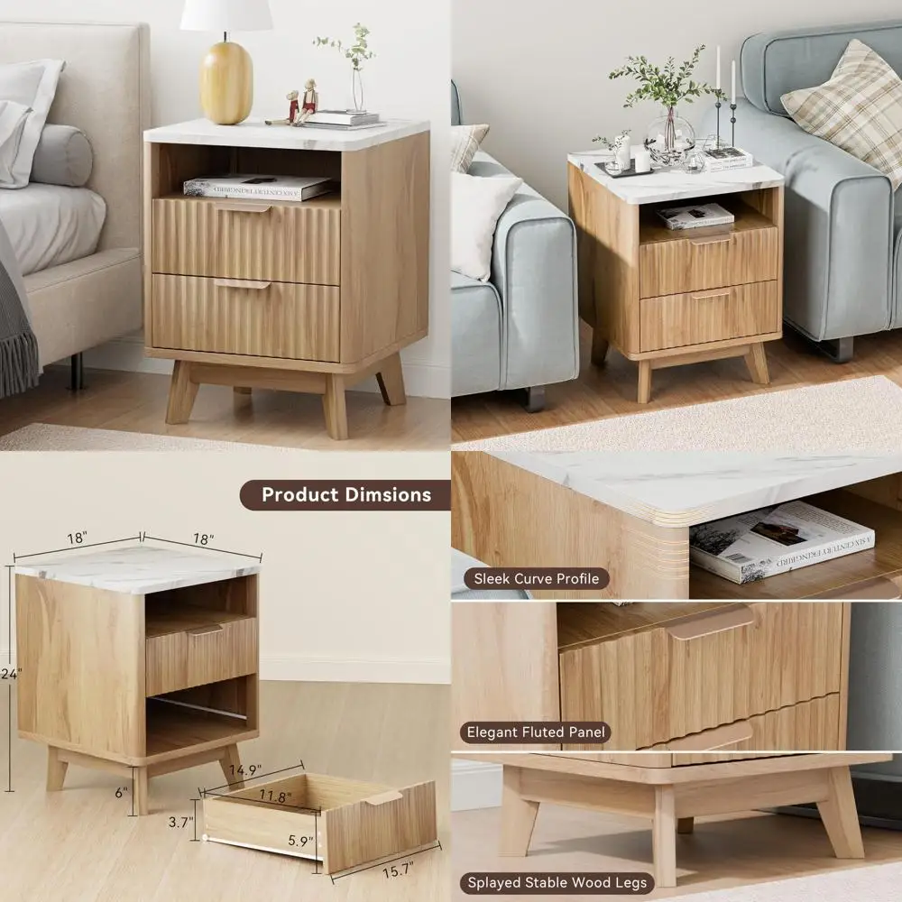 

Современная тумбочка 18 дюймов с 2 ящиками, столешницей из искусственного мрамора и открытой полкой.