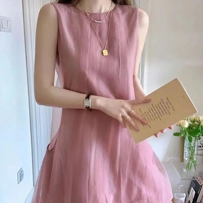 Vestido francés sin mangas de color rosa suave y dulce para mujer, nuevo diseño avanzado, vestido versátil y elegante