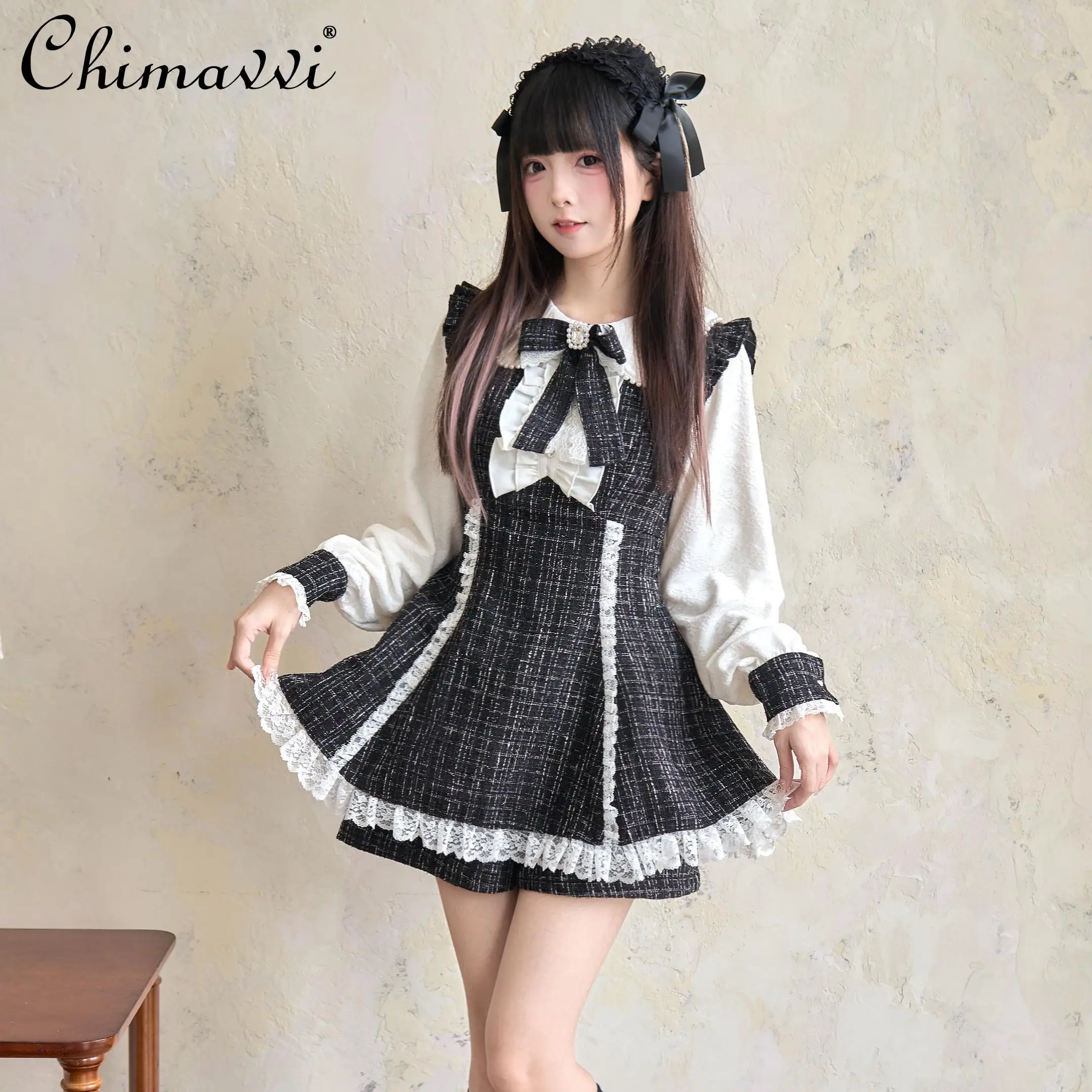 

Japanese Mine Series Mass-produced Lolita Long-sleeved Slim Tweed Dress and Shorts Set Temperament Kawaii Cute Girl 2-piece Set