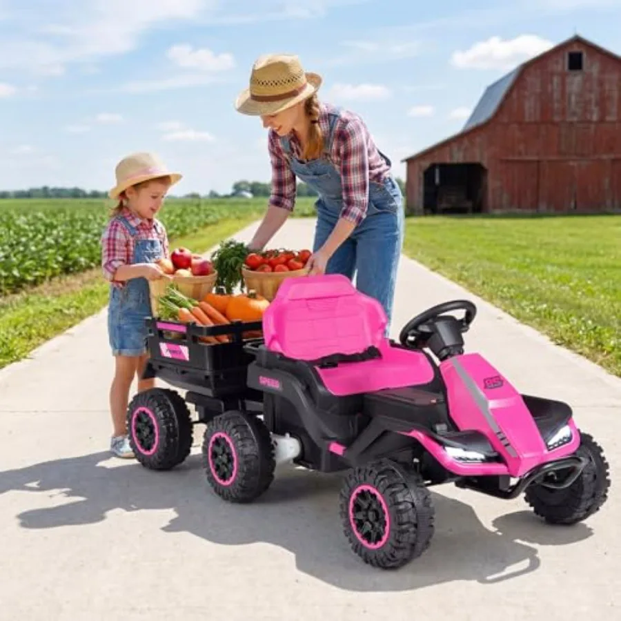 Ride on Tractor with Detachable Trailer for Outdoor Play, Plastic Body, Pink, 24V Battery, Parent Remote Control, 20 Climbing A