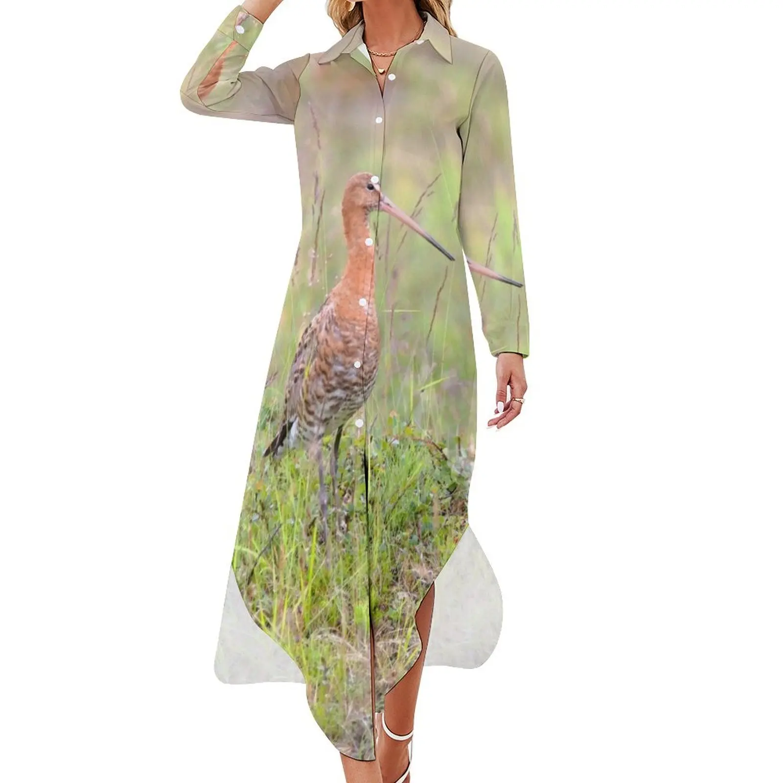 Watercolor Bird, Godwit 03, Akureyri, Iceland Long Sleeved Shirt Dress Evening gown Women dresses summer