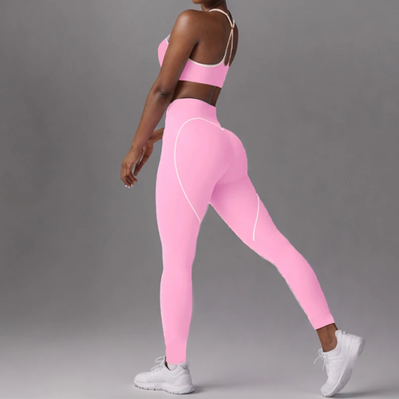 SVEIC Gym Set Contrasting Color Sports Bra Suits Fitness High Waisted Leggings Sportswear Workout Running Training Yoga Clothing image 6