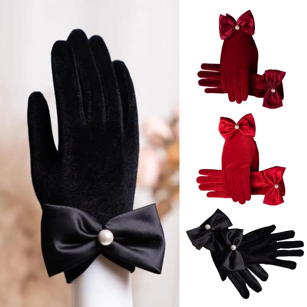 Gants en velours avec nœud décoratif pour femmes, gants d'hiver élégants, non chauds, bijoux pour femmes, fêtes de Rh