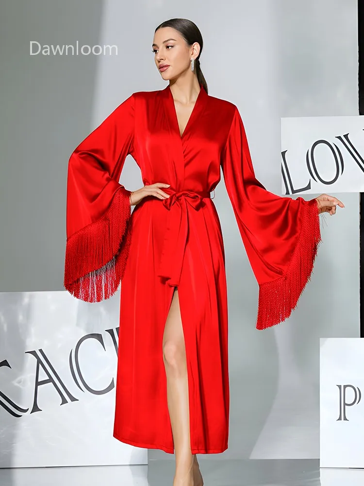 

Белый атласный халат Dawnloom с бахромой и расклешенными рукавами, с завязками на талии, для женщин, роскошный элегантный свадебный утренний халат, домашняя одежда для отдыха