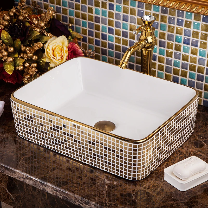 

Jingdezhen factory directly art hand painted ceramic wash basin art basin bathroom sink artistic ceramic wash basins gold mosaic