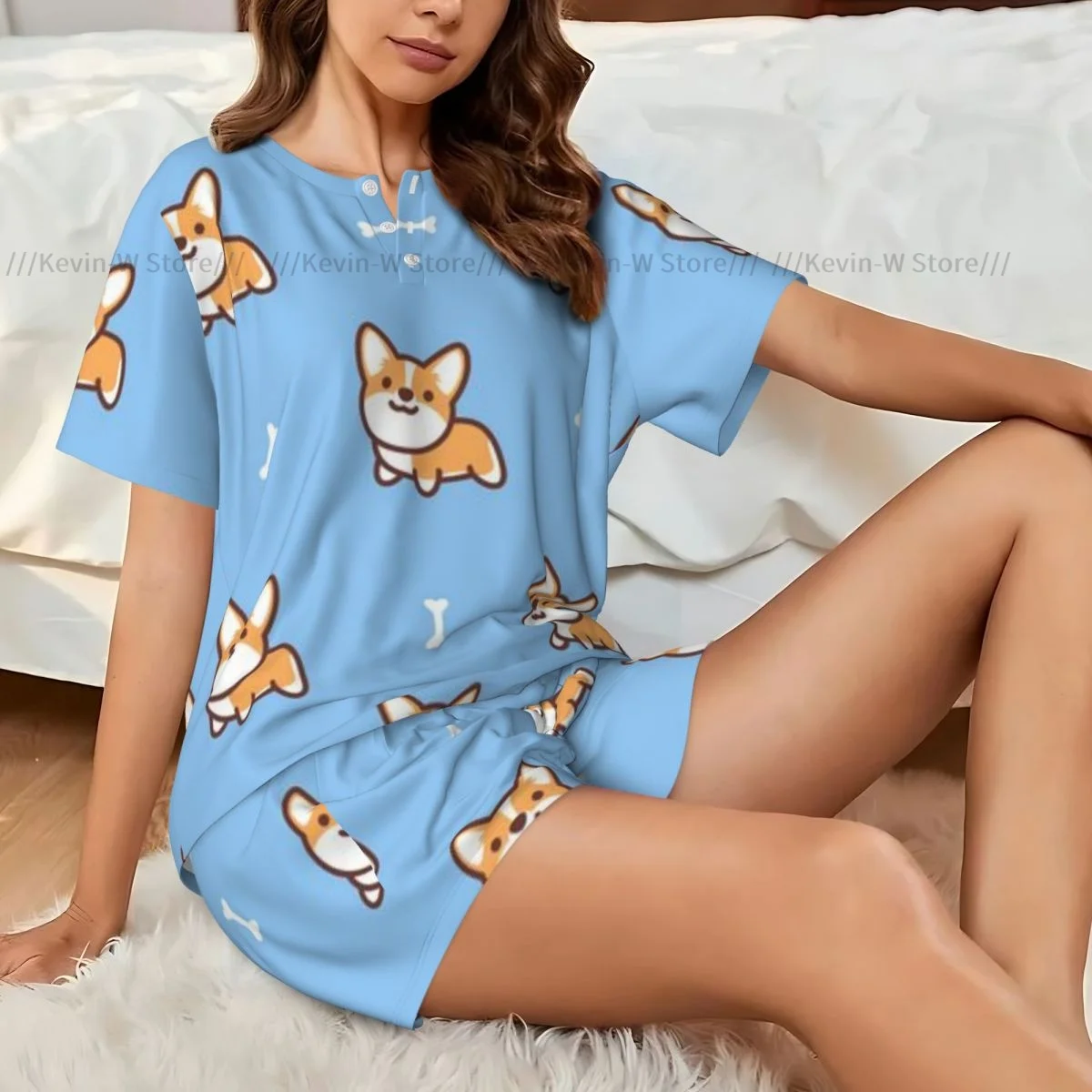 

Women Pajamas Set Short Sleeve Cute Pembroke Welsh Corgi Dog Cartoon Sleepwear Loungewear for Summer Nightwear