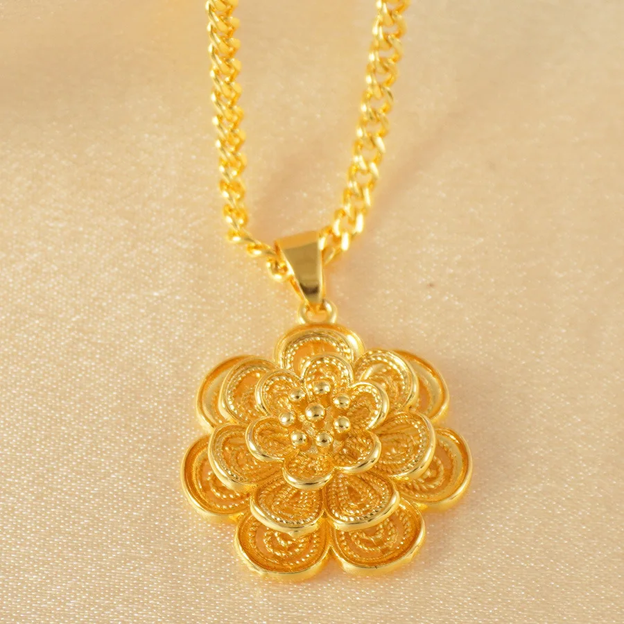 9999 gold Middle East elegant style 2-piece jewelry set, luxurious golden flower pendant necklace and earrings