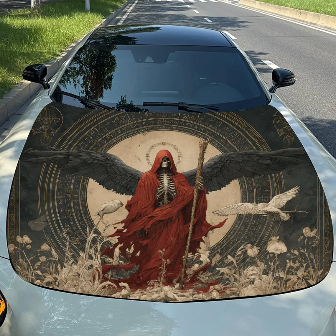 

Red Clothes, Black Winged Skeleton Stickers For Car Hoods, Stickers For Decorating Car Covers, And Vinyl Wraps Suitable For Cars