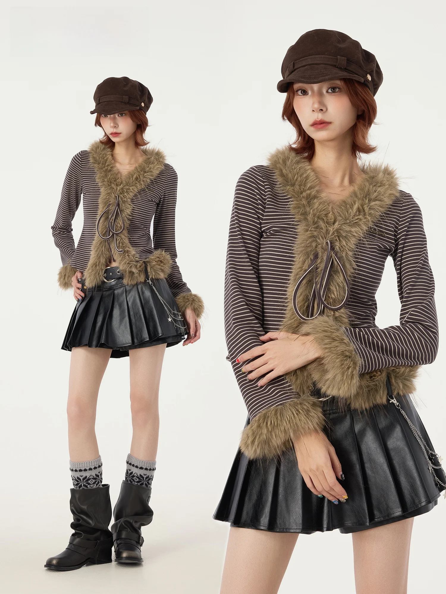 

Didimax Winter New Coffee Color Striped Slimming Top Furry Decoration Spicy Girl Women's irt ort Length V-Ne Long Sve