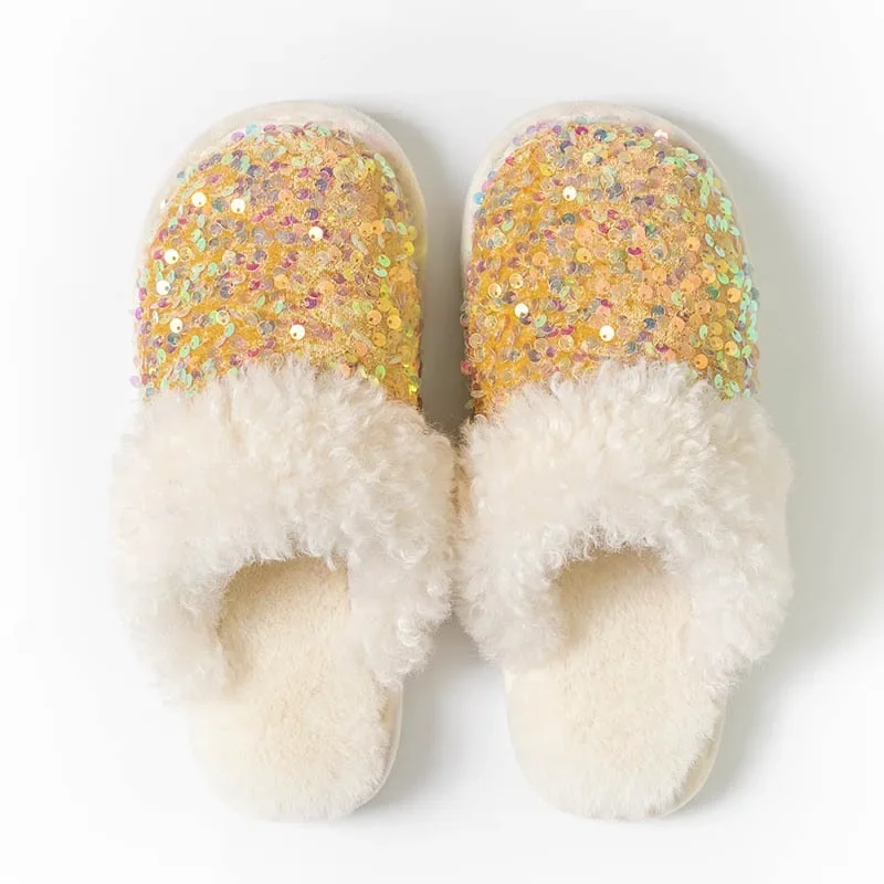 Bling Sequins Home Fur Slippers Women Winter Warm Plush Flat Cotton Floor Shoes Woman Indoor Bedroom Soft Sole Fluffy Slippers