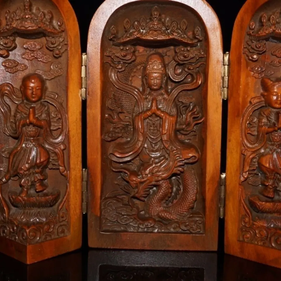 Hand Carved Wood Riding dragon guanyin bodhisattva buddhist Three-Fold Shrine box buddha Statue Figurine Desktop Ornaments