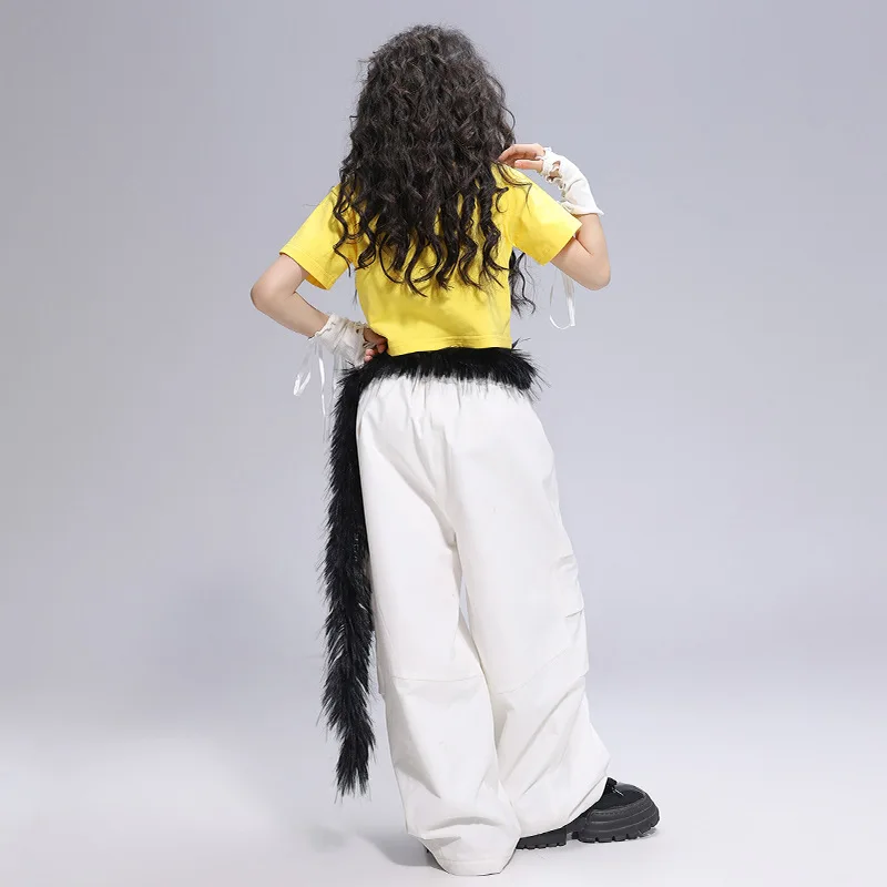 Kid Kpop Hip Hop Clothing Yellow Letters Crop T Shirt Top White Casual Wide Parachute Pants for Girl Jazz Dance Costumes Clothes