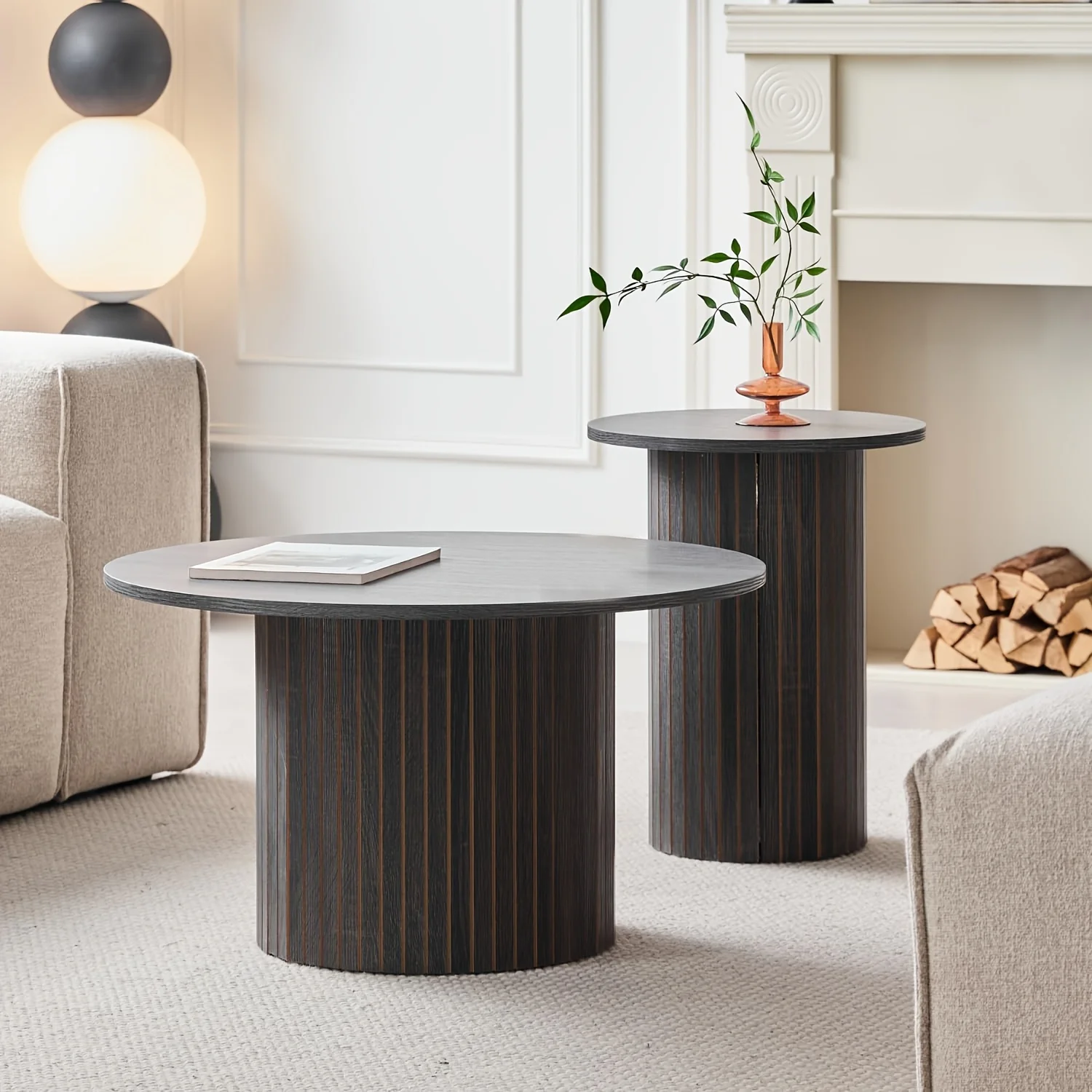 Round Nesting Coffee Tables Set of 2, Boho Wood Circle Side Table Fluted Drum, Farmhouse End Table for Living Room Bedroom