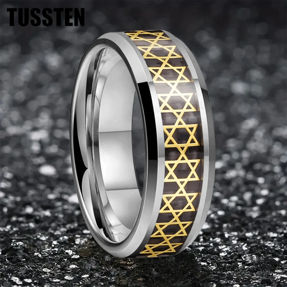 Dropshipping TUSSTEN 8mm Men\'s Ring Inlaid Golden Hexagram Star Men\'s Tungsten Ring Comfortable Fit