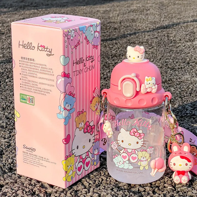 Sanrios Hellokitty Kids Cup Straw Cup Car Cup Cute Strap Drink Cup Kettle Couple Cartoon Portable Travel Cup Office Belly Cup