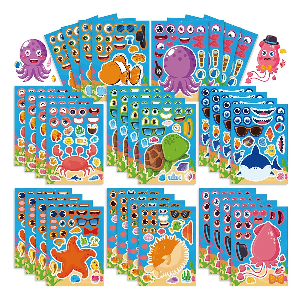 8/16Sheets Ocean Animals Make a Face Puzzle Stickers Cute Octopus Turtle Shark Funny Kids Assemble Jigsaw Children DIY Toys Gift