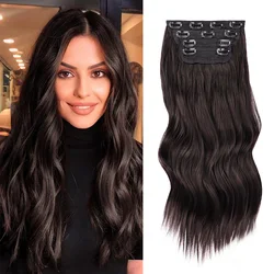 Clip in Synthetic Hair Extensions Long Wavy 4PCS Thick Hairpieces Dark Brown Fiber Double Weft Natural Hair Extensions For Women