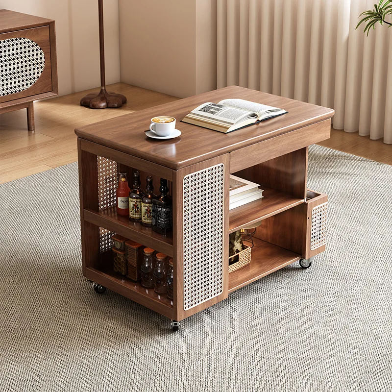 Lifting trolley side few multi-functional coffee table small bar counter household walnut color locker rotating countertop house