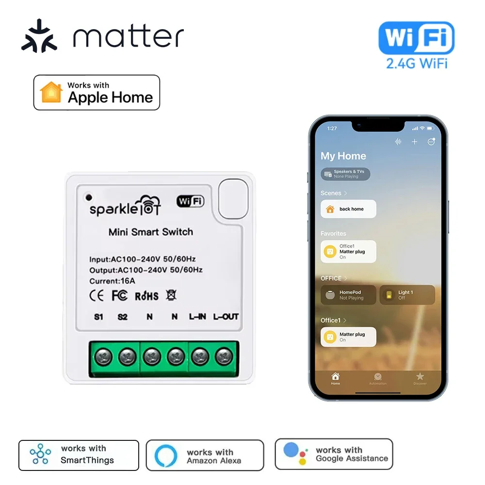 Matter WiFi Smart Switch 16A Smart Home light switch Relay Module Voice Control Works with Alexa Google Homekit Smartthings APP