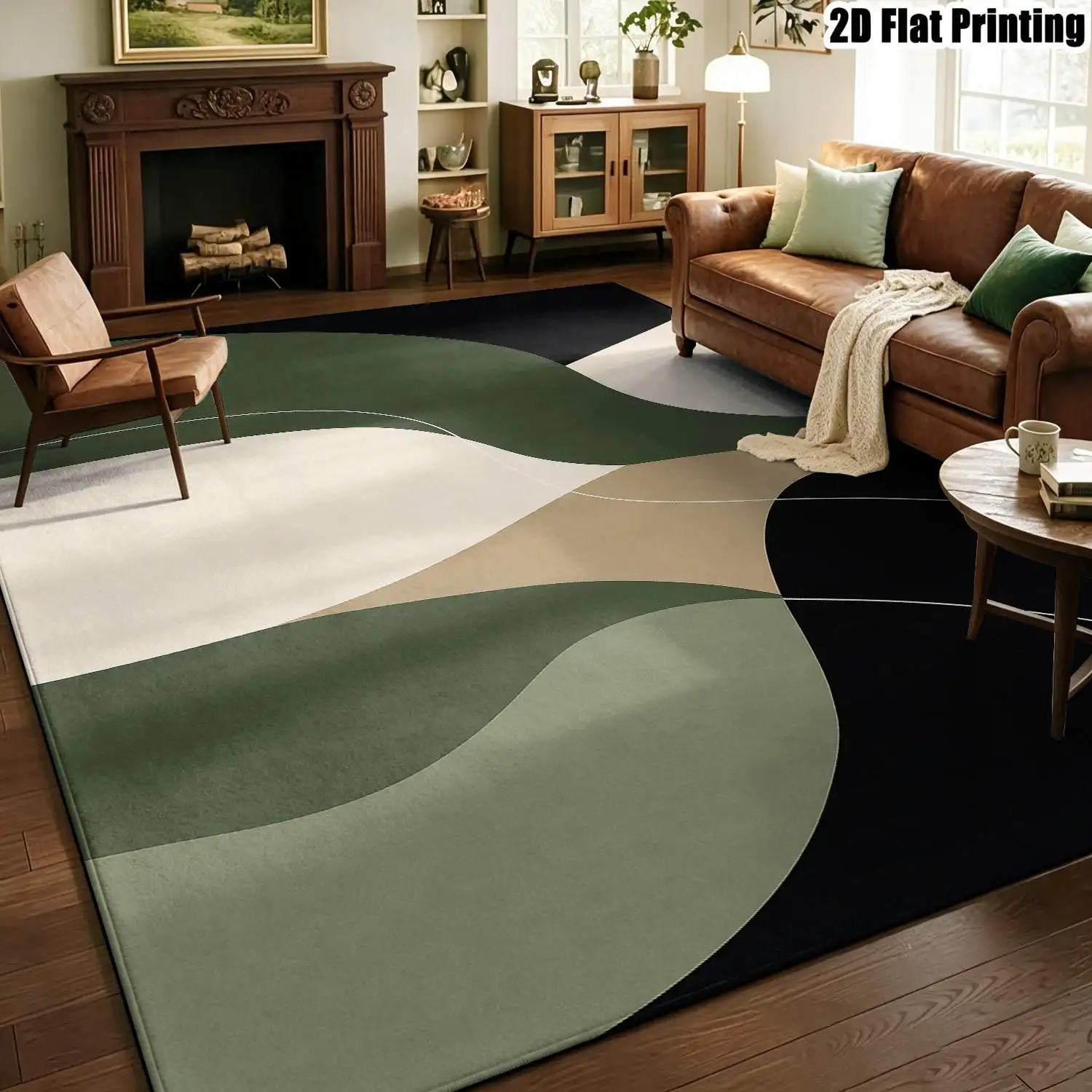 1Pc 2D Printed Carpet: Black Base, Green-Brown Geometric Abstract Pattern Nordic, Instagram-Inspired, Modern Minimalist, Home Decor, Multi-Size, Machine Washable, for Entryway, Dining Room, Foyer, Living Room, Bedroom.