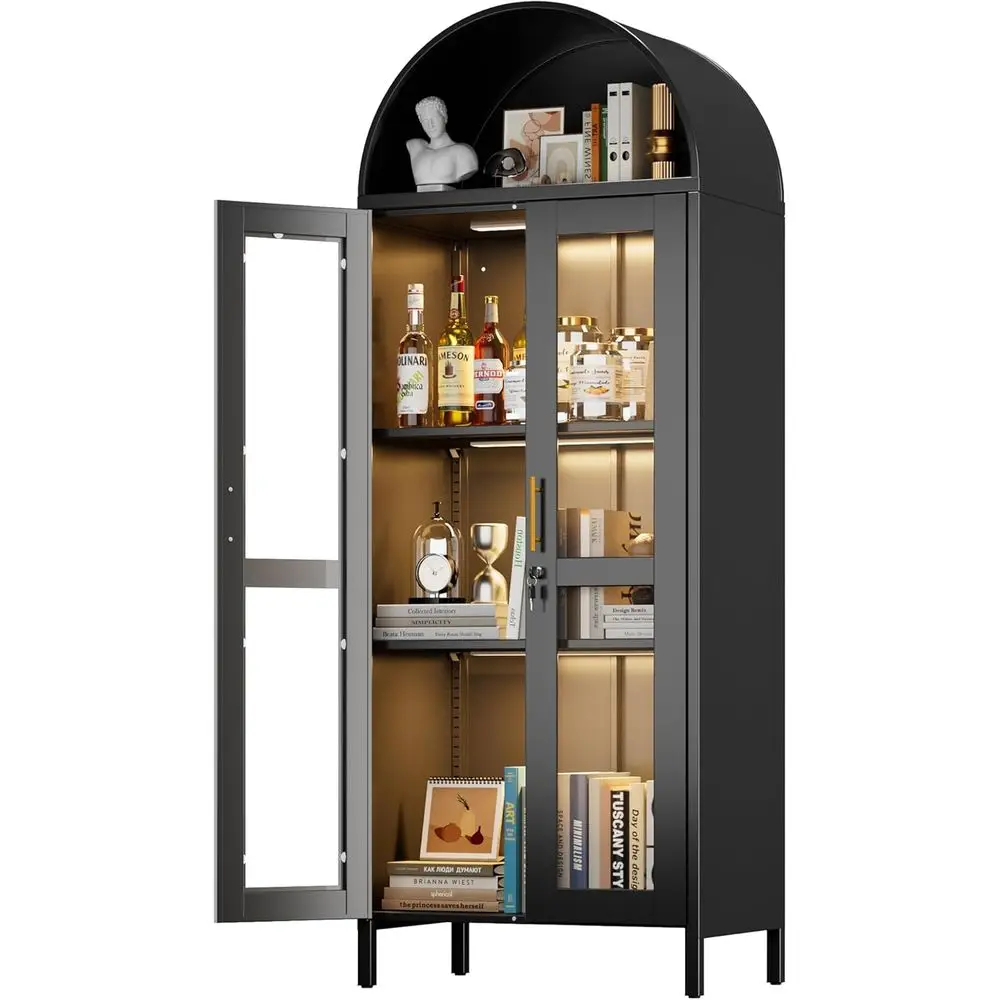 Black Metal Arched Glass Display Cabinet with 3 LED Lights and 2 Adjustable Shelves, Assembly Required