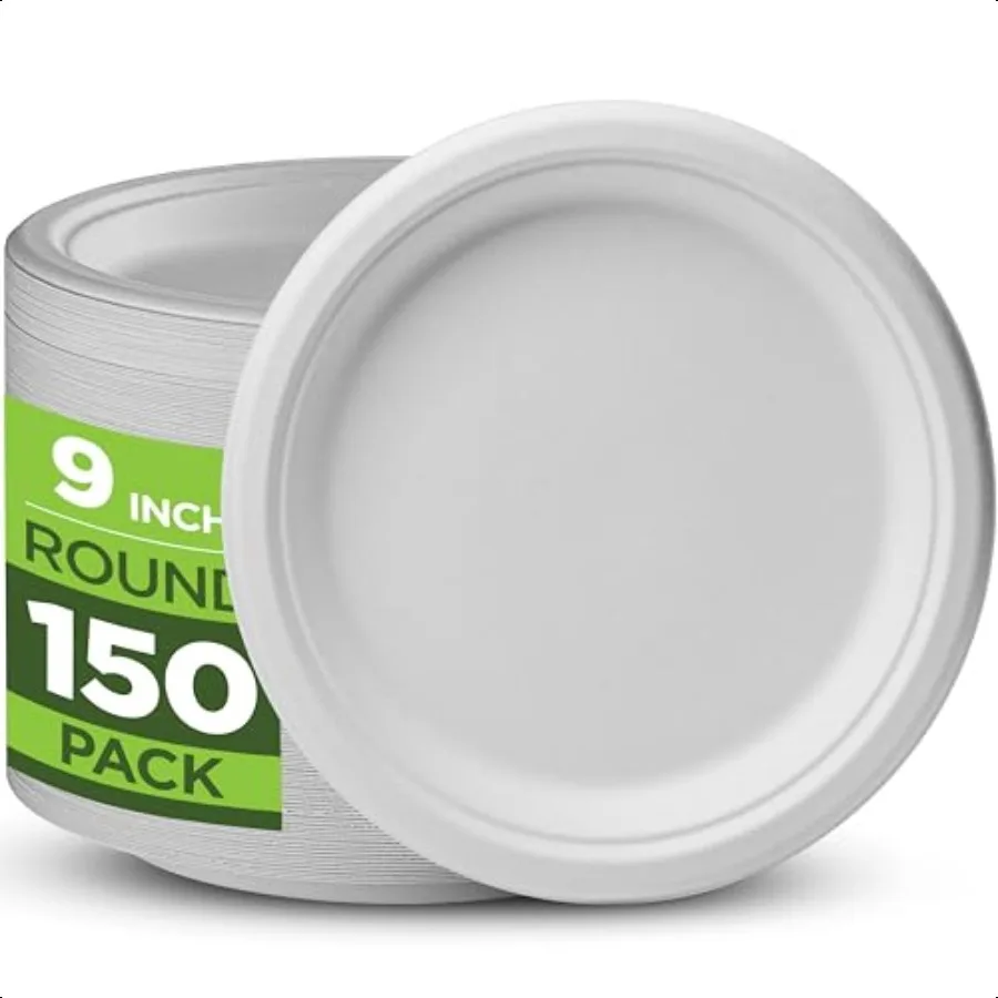 

100 Compostable Paper Plates Heavy Duty 150 Pack Biodegradable Plates 9 Inch White Dinner Plates Made of EcoFriendly Natural