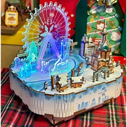 DIY 3D Wooden Snow World Music Box Miniature Model Kits Ferris Wheel Jigsaw Puzzles With Light Can Move for Children Xmas Gifts