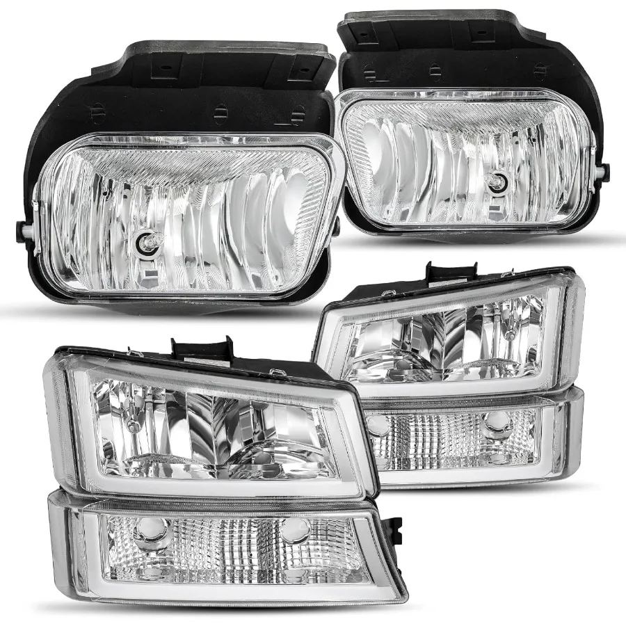 20032006 تشيفي سيلفرادو المصباح الأمامي ومجموعة مصابيح الضباب مع مجموعة LED DRL 6 قطعة تتميز بغطاء كروم وواضح