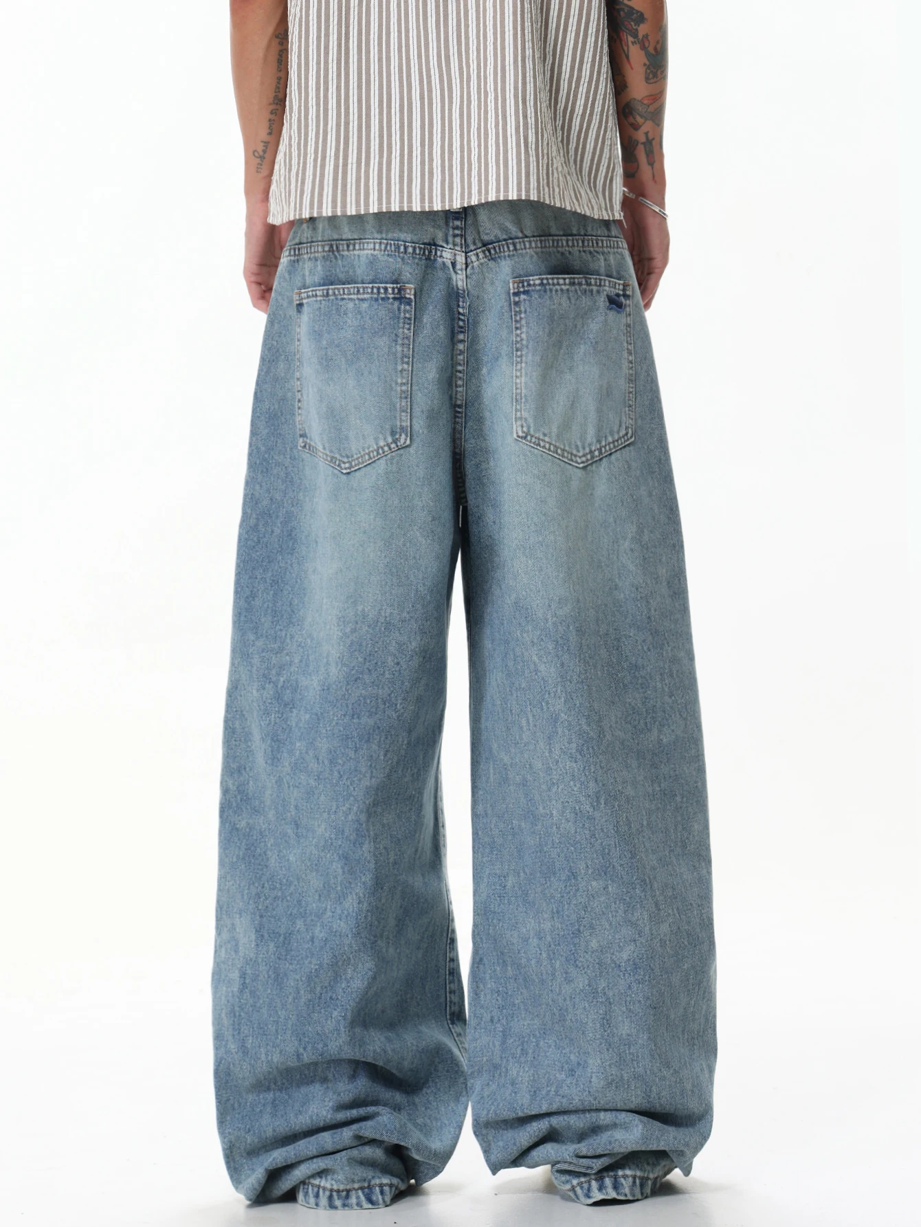 Men's Washed Blue Baggy Wide-Leg Jeans Y2K Street Fashion Casual Everyday Basic Versatile Pants