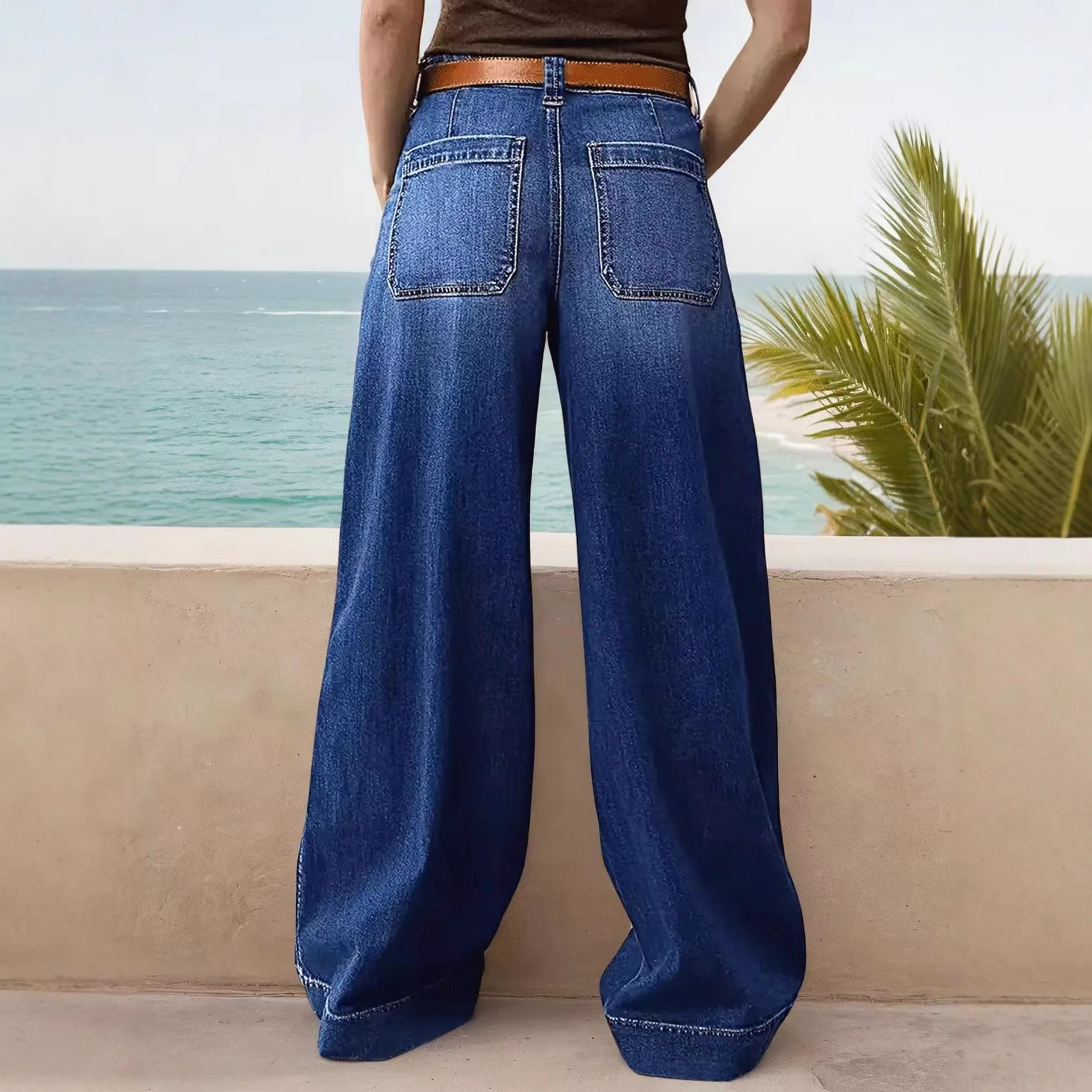 بنطال ذو قصة أرجل واسعة أمي جينز نسائي من قماش الدنيم المتعثرة منتصف الخصر تمتد جيوب مغسولة عتيقة Y2k ملابس الشارع الشهير طول الأرض #2