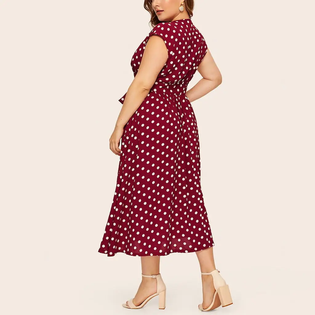 Women Plus Dress Polka Dot Dress Plus Size Waist Belt Dress V Neck Short Sleeves Wrap Boho A-line Casual Dresses for Summer