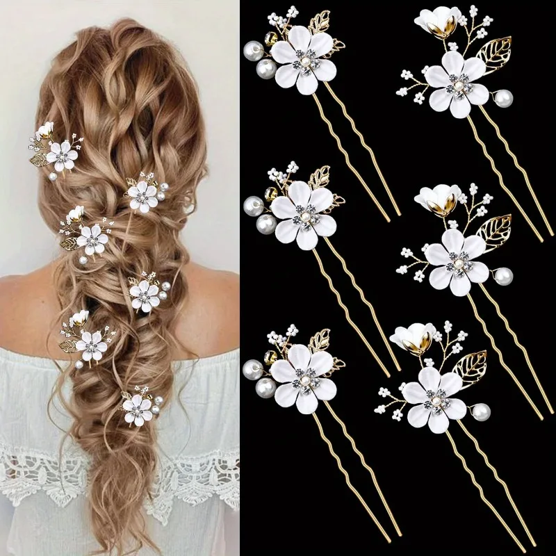 6Pcs Pearl Flower Sparkling Diamond Hairpin Suitable Various Types of Braided Hair,wedding Banquet Party Temperament Decoration