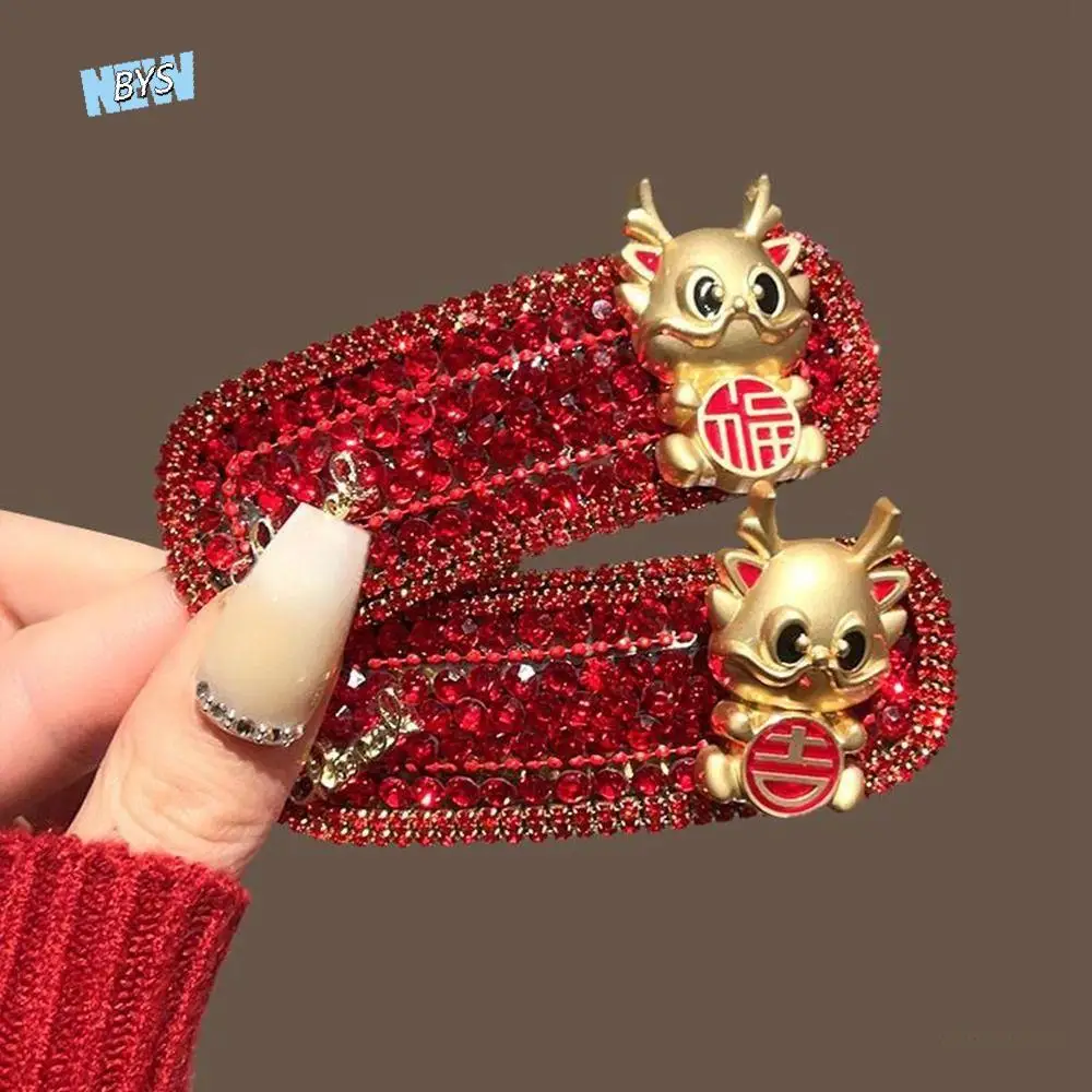 Fun Animal Zodiac Dragon Hair Clip Cartoon Chinese Style Red Rhinestone Hairpin Headdress Hair Accessories Daily