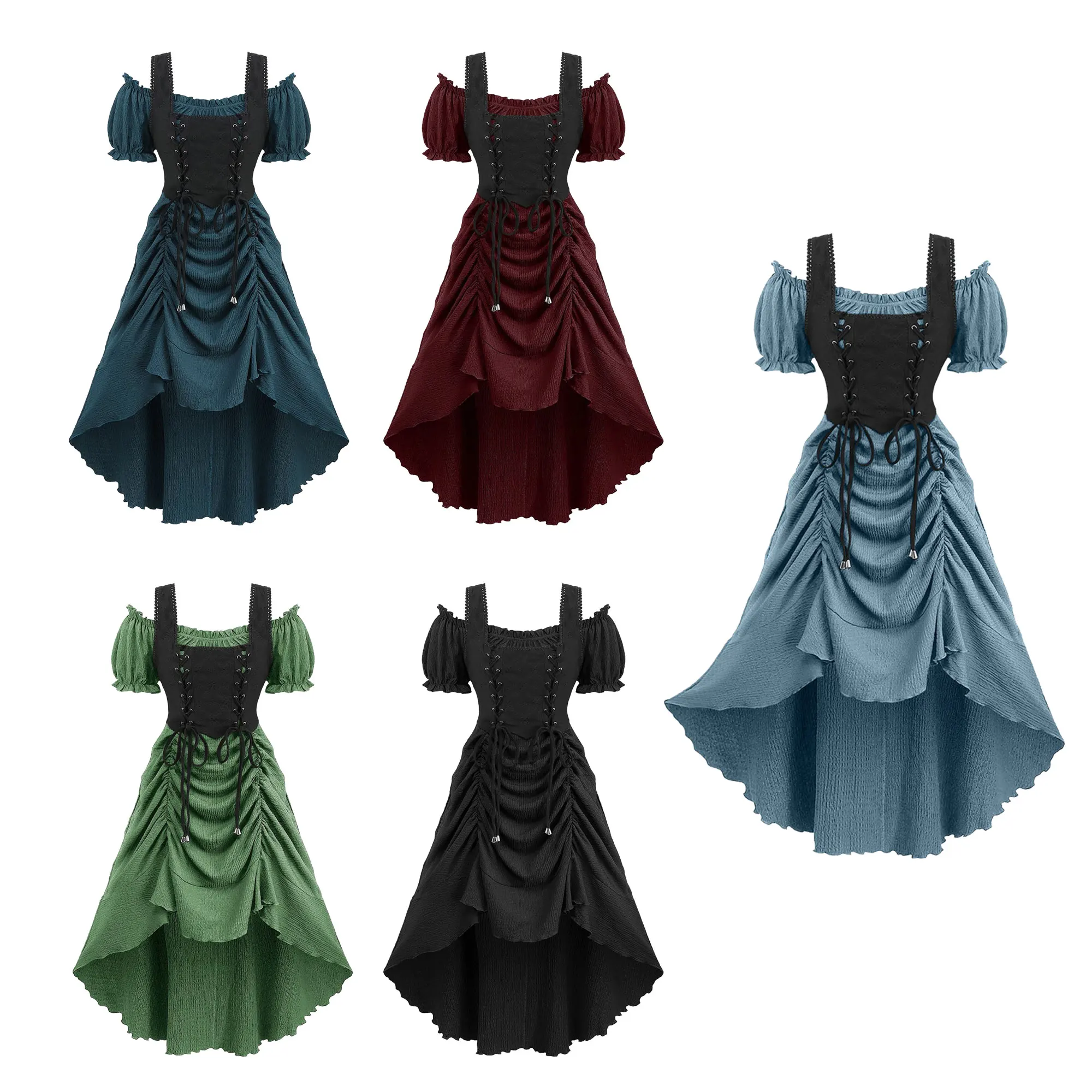

Women'S Renaissance Costume Medieval Pirate Cold Shoulder Ruffled Lace-Up High Low Dress Elegant Strap One Shoulder Dress
