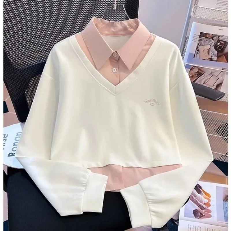 Sweet Pink Preppy Fake Two‑Piece Cropped Sweatshirt, Shirt Collar V‑Neck Contrast Hem Layered Design Loose College Pullover Top