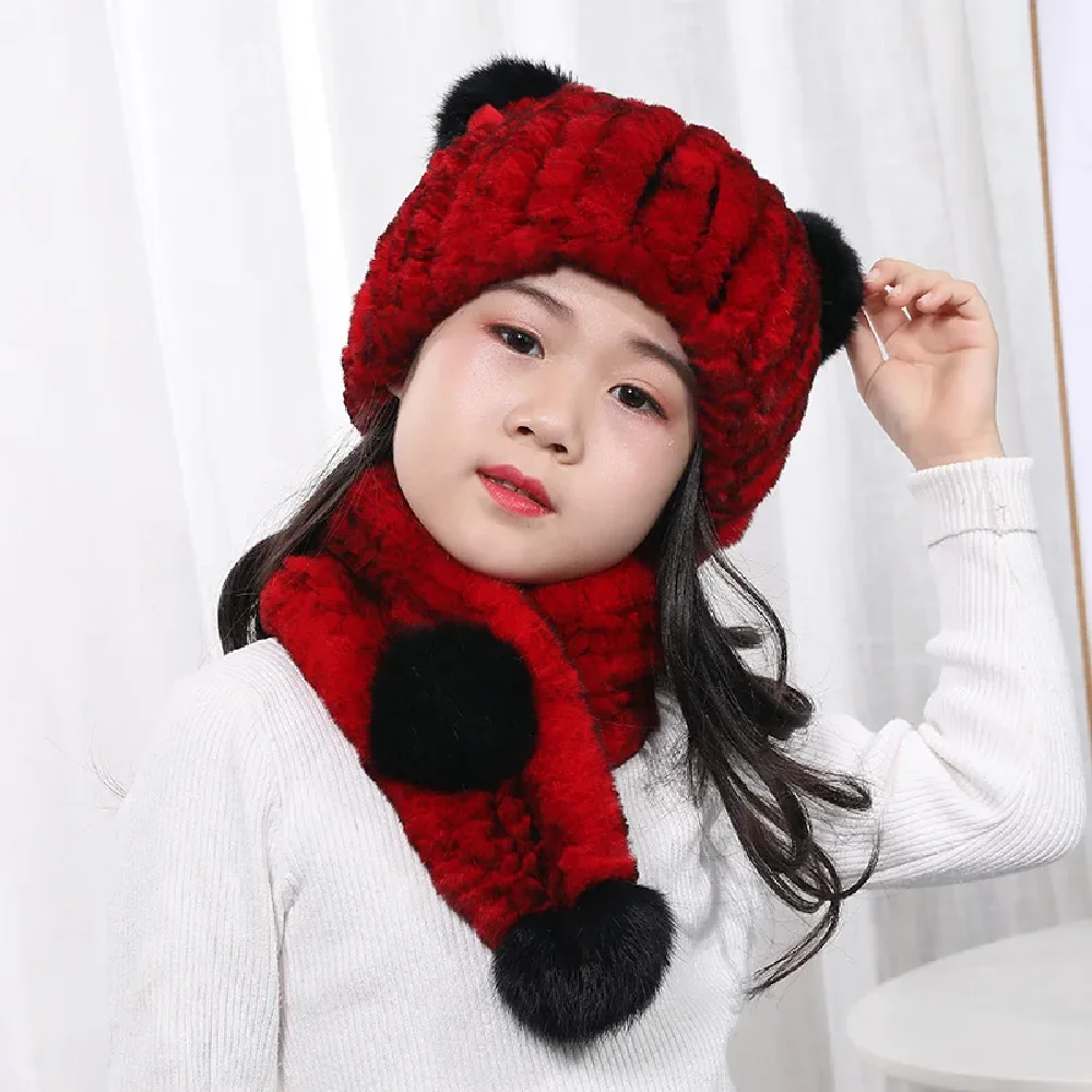 

Winter Fur Hat Scarf Sets Children Real Rex Rabbit Cap Fox Pompom High Elastic Fluffy Soft Comfortable