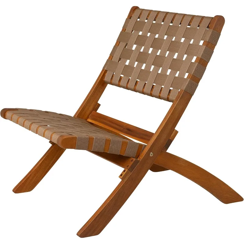 Outdoor Folding Chair, Low Hanging Portable Seat, Solid Acacia Wood Woven Seat and Backrest, Indoor Porch, Lawn, Garden