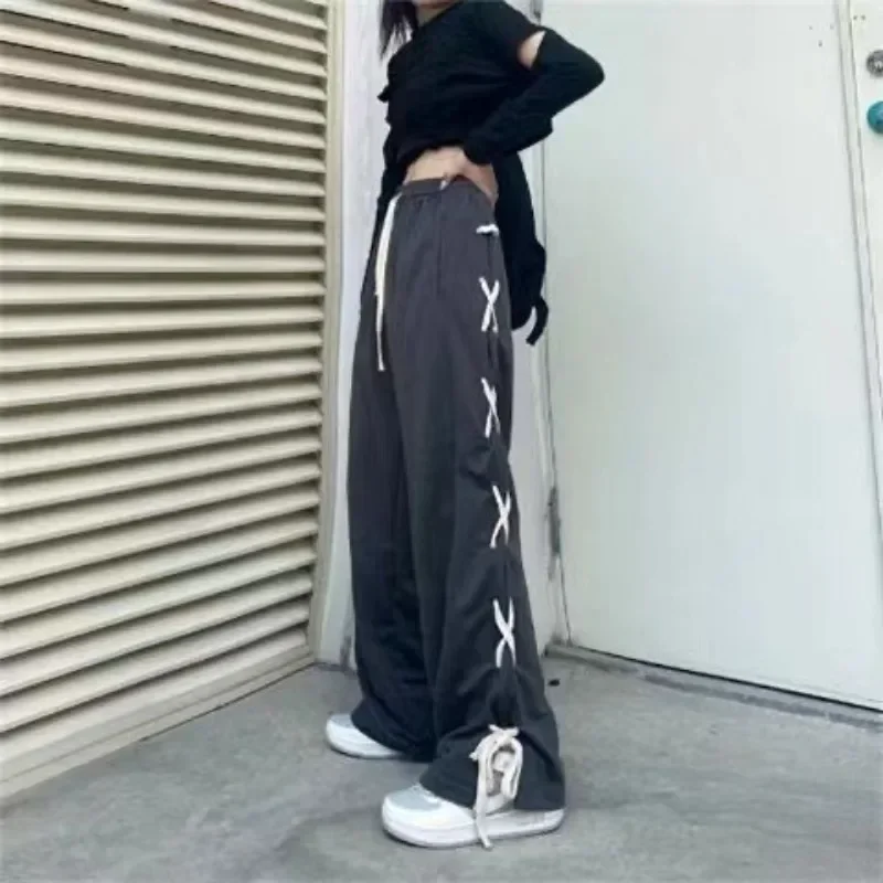 

Side Bandage Design High Waist Wide Leg Pants Women Casual Trousers Harajuku Vintage Y2k Korean Pants Streetwear Sweatpants
