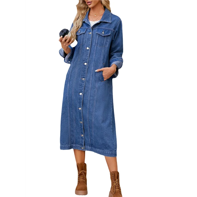 

ABRT-Женская рваная джинсовая куртка на пуговицах с потертыми отверстиями выше колена, плащ миди синего цвета S