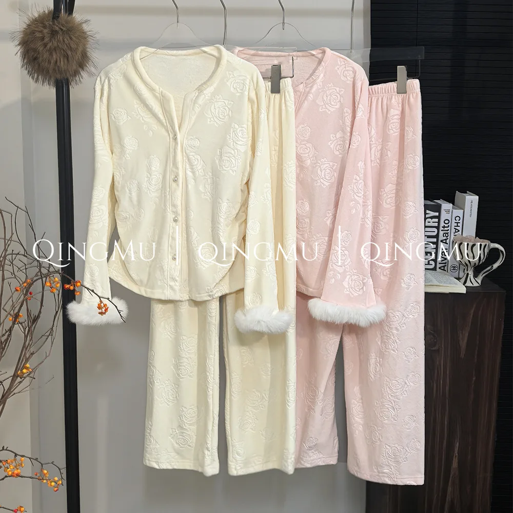 

Островный бархатный женский пижамный комплект, домашняя одежда, сексуальный розовый кардиган с длинными рукавами, брючный пижамный костюм, осенне-зимняя новая одежда для сна