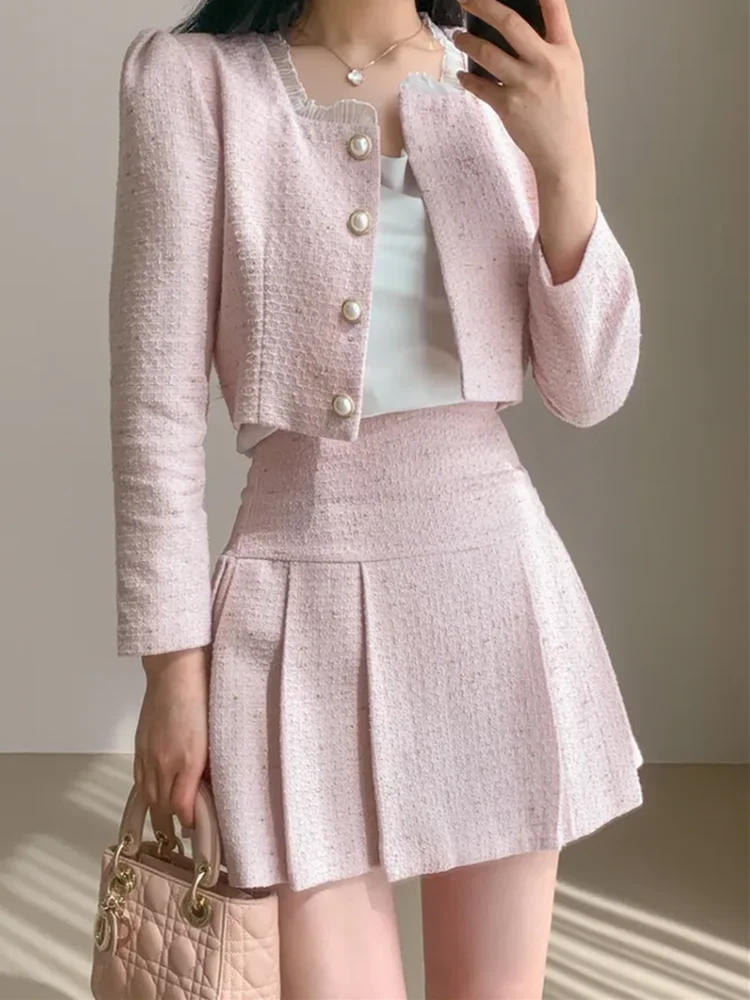 Two Piece Set for Women Autumn Korean Fashion Pleated Mini Skirt Suits Sweet Lace Trim Short Coat Sets Vintage Tweed 2 Piece Set