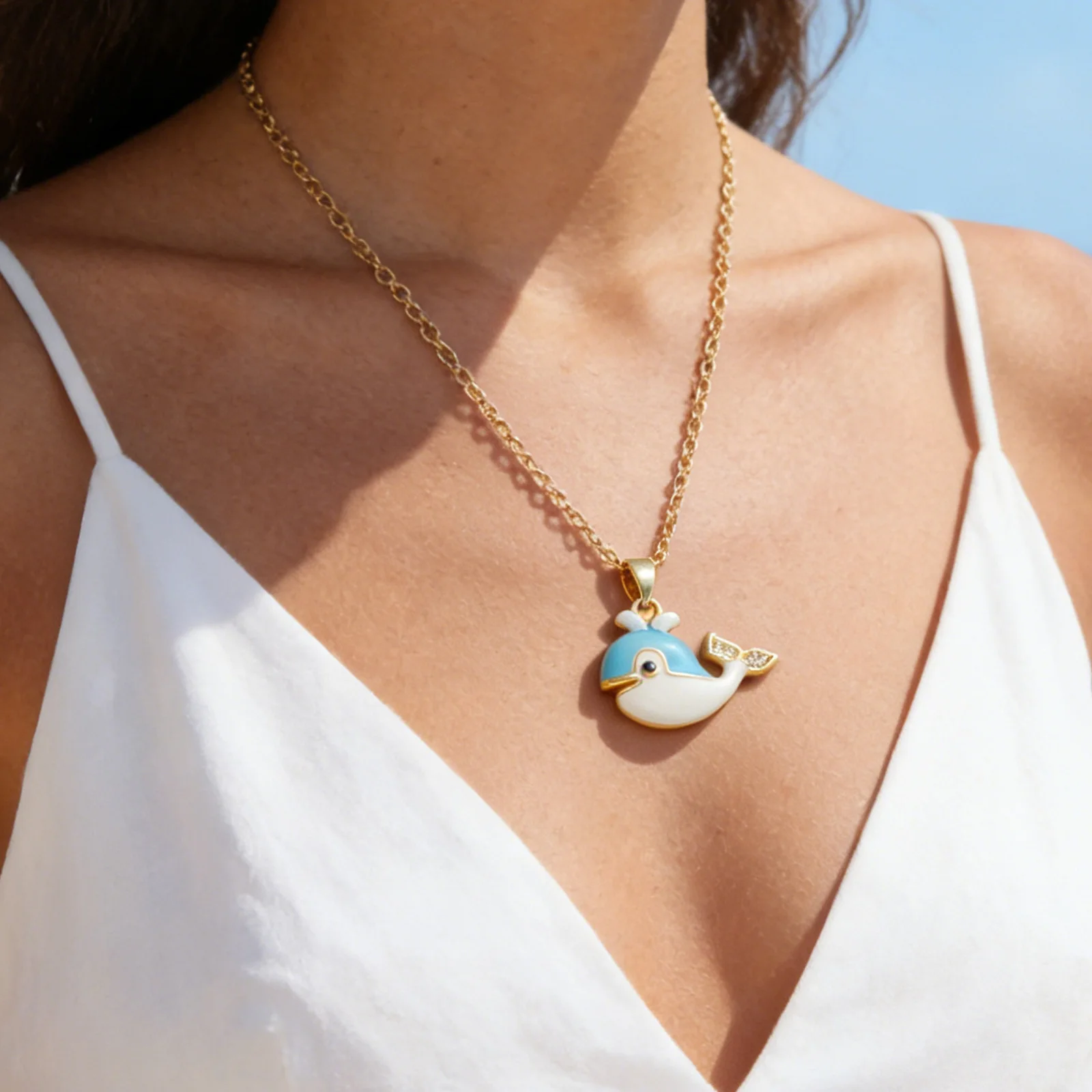 Golden Whale Enamel Zircon Pendant Necklace Adjustable Chain Jewelry Gift for Women Girls