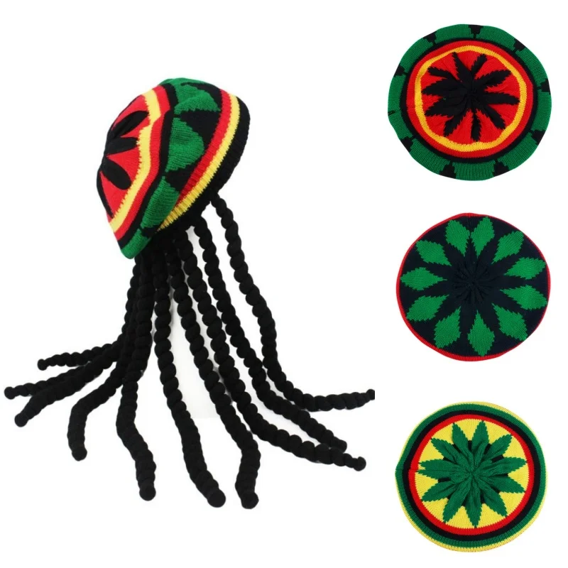 Unisex Gebreide Gevlochten Hoed Jamaicaanse Bob Rasta Beanie Hoeden Hip Hop Cap Mannen Dreadlocks Pruik Bob Marley Caribische Fancy Dress Hoofddeksels