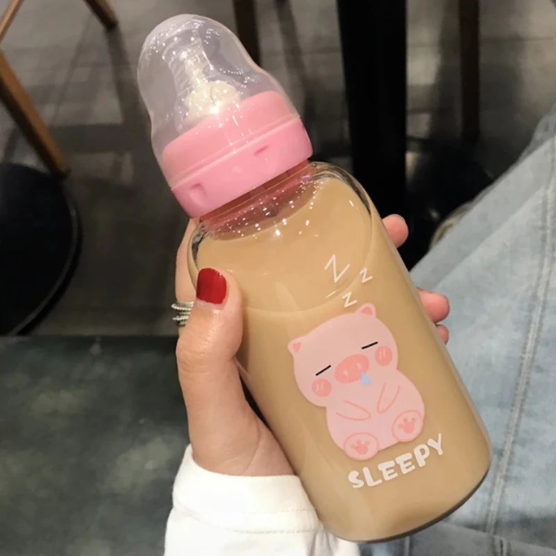 Cute Pacifier Glass Water Bottle With Straw Creative Personality Adult Kid Nipple Bottle Portable Cup Water Bottles For Girls