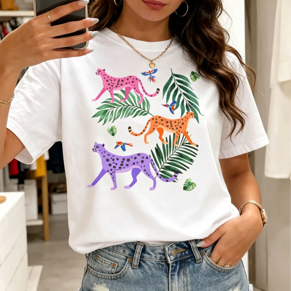 Playful Tropical Leopard Graphic Tee Women Summer Cotton Tshirt Multicolor Cheetahs Parrots Print Trendy Jungle Casual T-Shirt